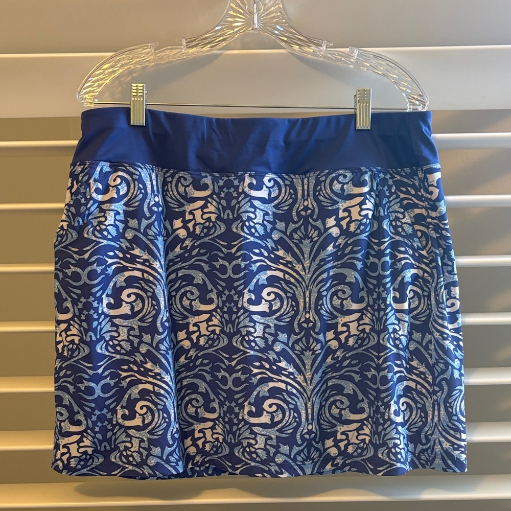 Kate Lord Performance Women's Skort, Blue & White print golf tennis; Sz: XL